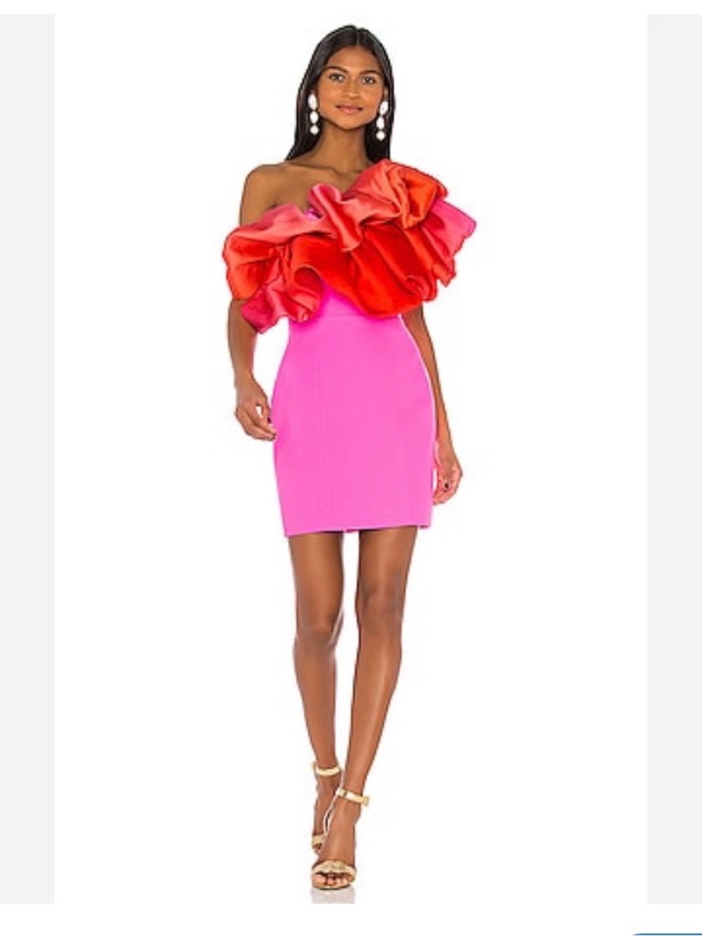 Solace London Finley PuffOne-Shoulder Pink Cocktail Dress with Red Ruffle Detail